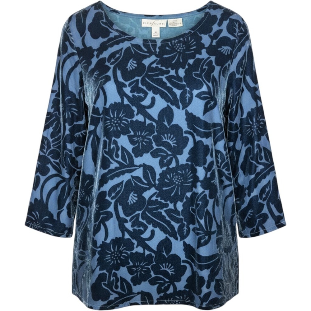 Silk Lore Top Women Medium Blue Floral Velvet Silk Blend 3/4 Sleeve Side‎ Slit